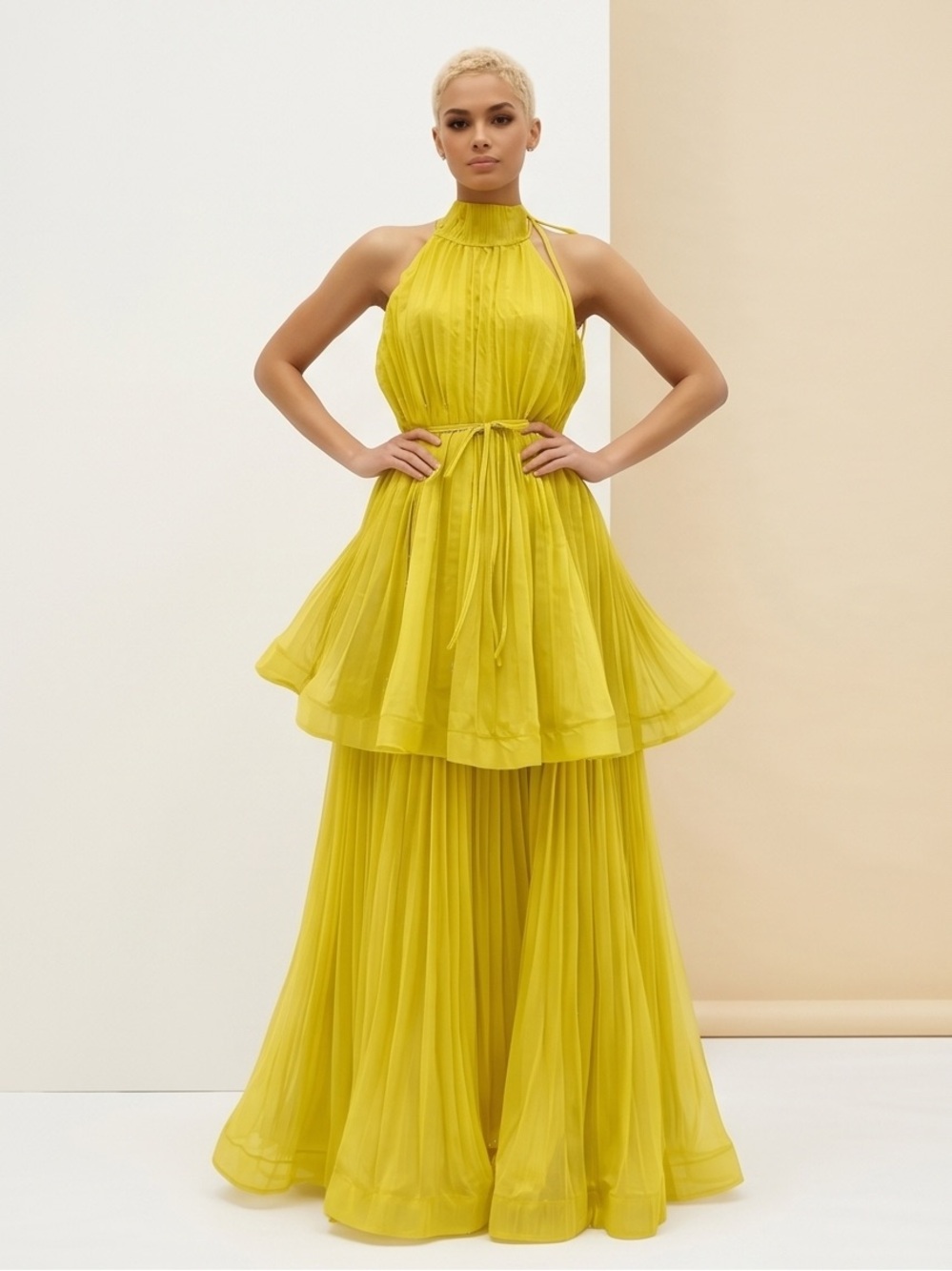 High-Neck Pleated Yellow Maxi Dress with Waist Tie